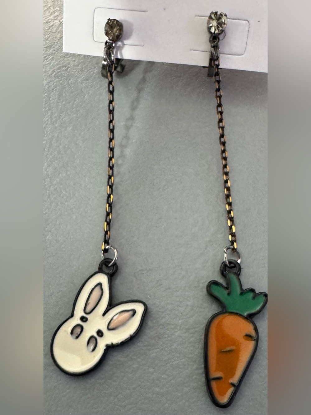 Whimsical Bunny & Carrot Dangle Earrings in White, Orange & Green Easter clip-on